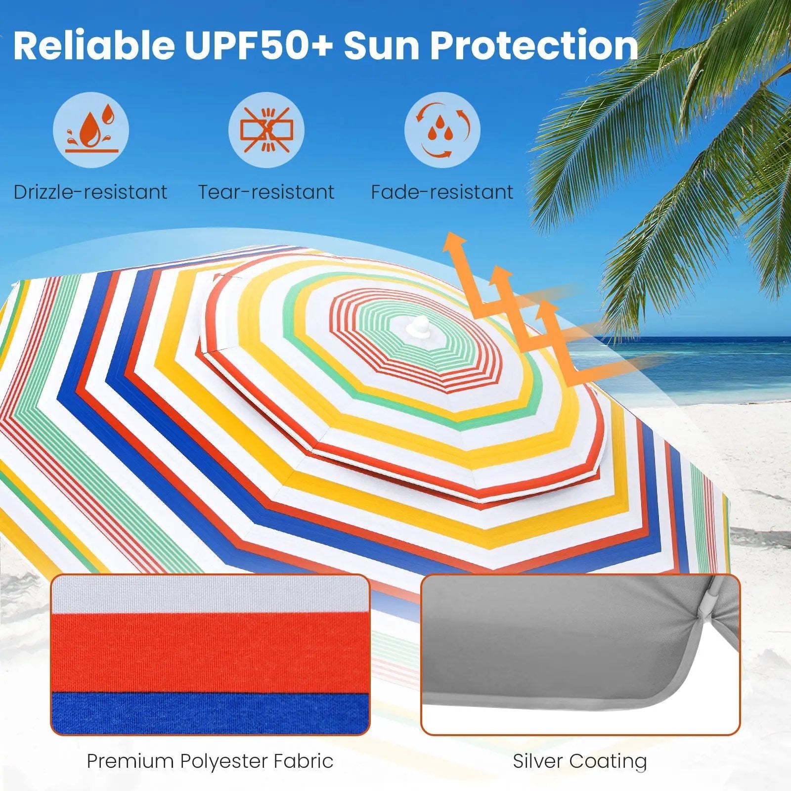 6.5 Feet Beach Umbrella with UPF50+ Sun Protection and Push Button Tilt-Colorful by DirectDeals