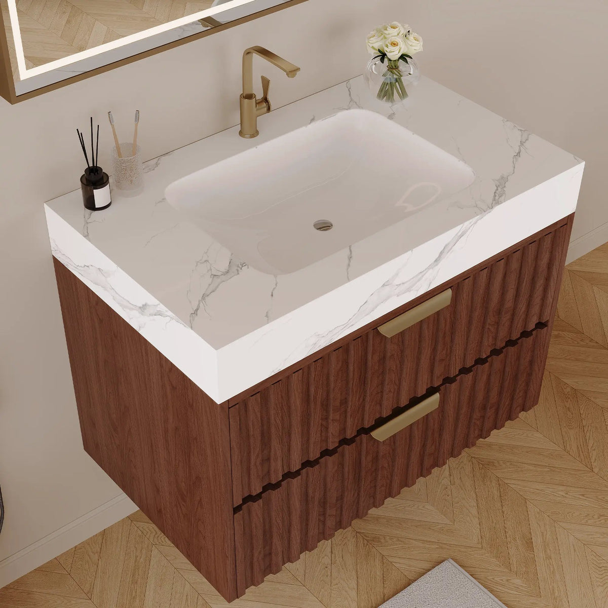 30" Modern Floating Bathroom Vanity with Seamless Sintered Stone Top, photo 5 of 10