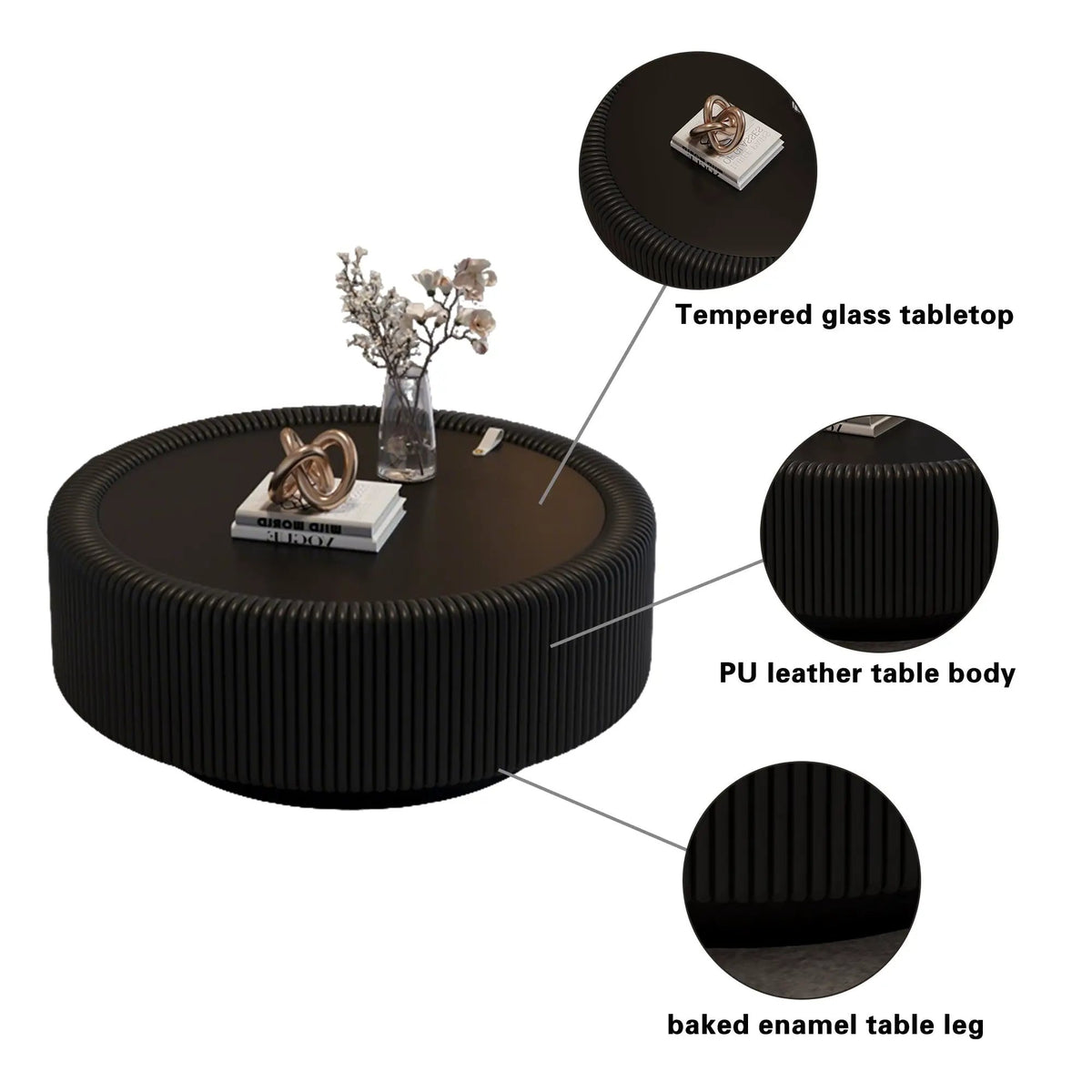 Black Round Fluted Coffee Table with Tempered Glass Top by HouseOfZazla
