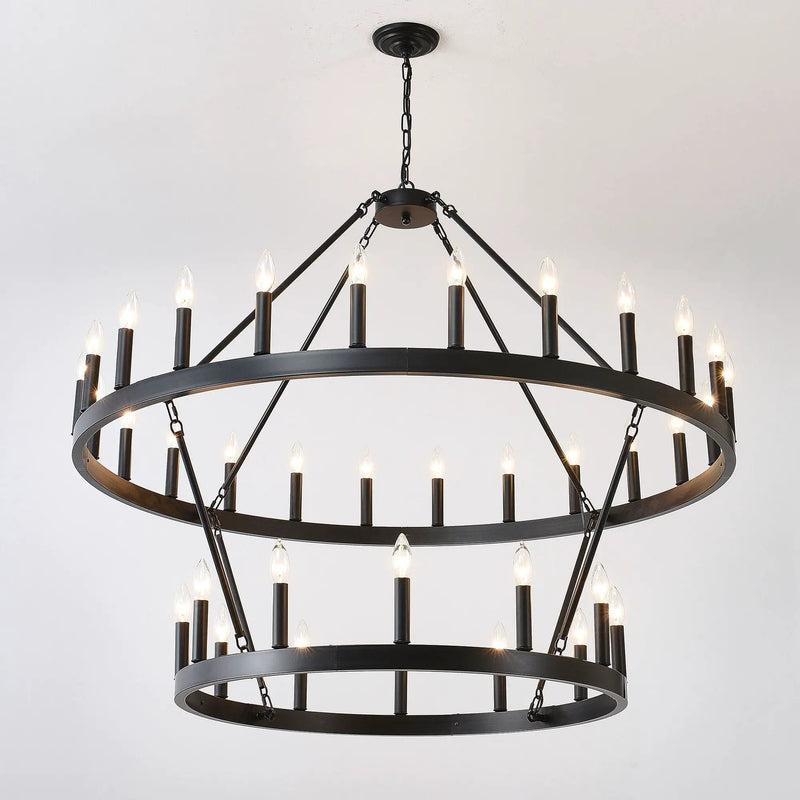 2 Tiers Wagon Wheel Chandelier Wooden Farmhouse 36 Light (24 / 12) Or (12 / 24) Metal Chandeliers 2 Story Light Fixtures Industrial For High Ceiling Living Dining Room Foyer, Adjustable Height - Black by HouseOfZazla