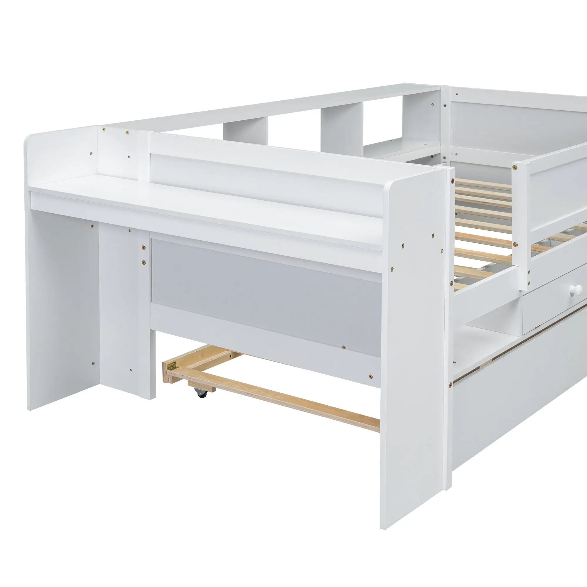 Twin Daybed With Drawers, Trundle, Headboard Storage, Study Desk, And USB Charging Station - White by HouseOfZazla