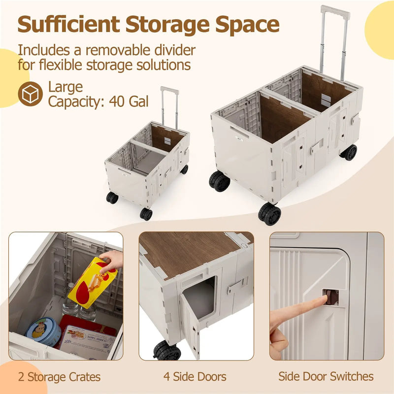 Large Foldable Utility Cart with 2-Tier Storage Crates and Telescoping Handle by DirectDeals