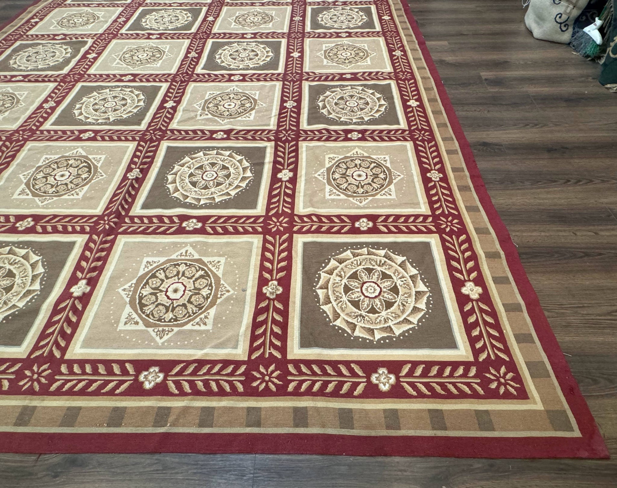 Needlepoint Rug 9x12, Panel Design, Burgundy Taupe, Elegant by Jewel Rugs