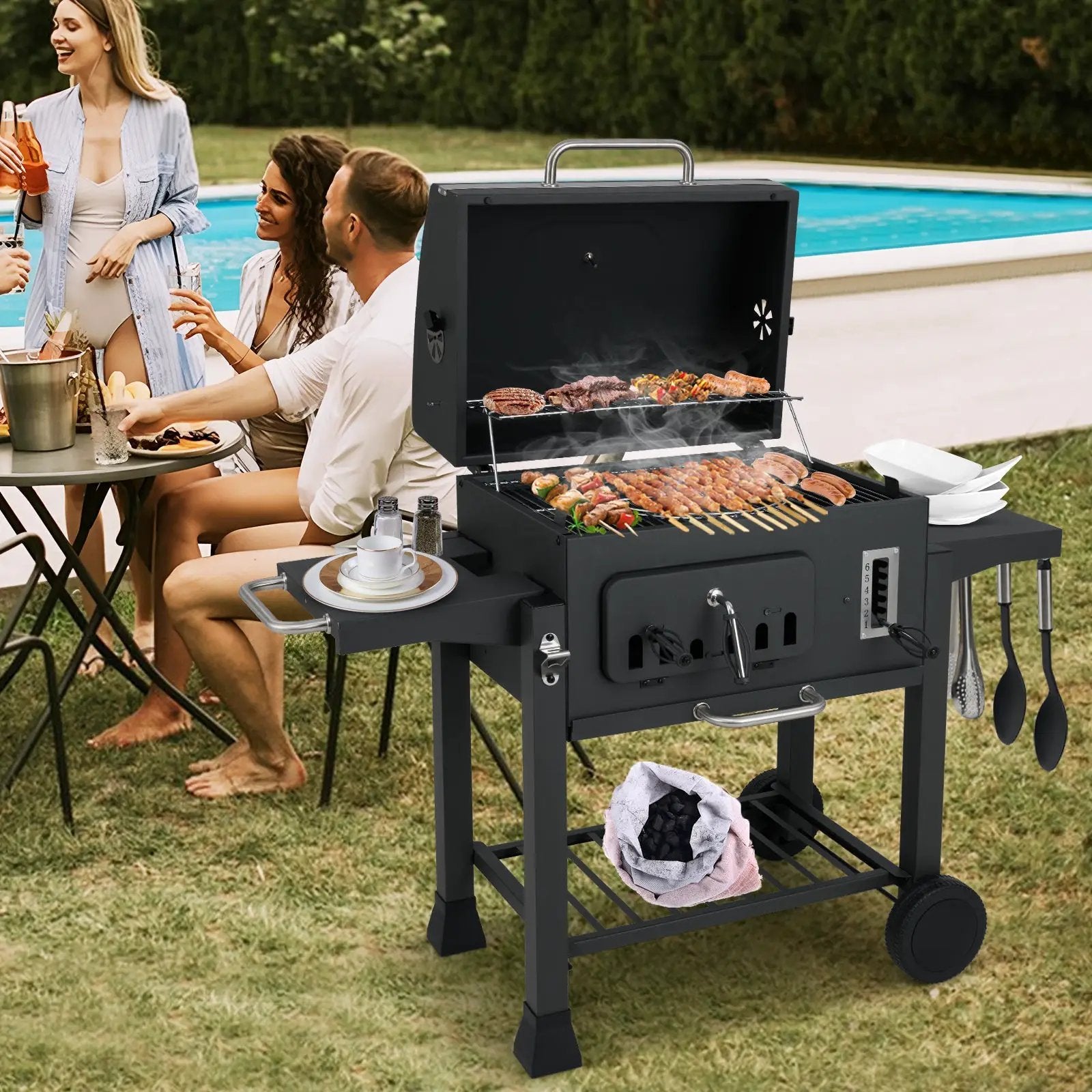 24-Inch Barrel Charcoal Grill with 2 Folding Side Tables and 544 sq.in Cooking Area by DirectDeals