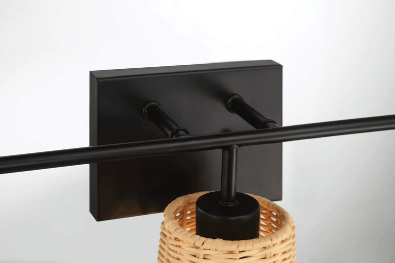 Moonlit - 3 Lights Wall Sconce With Shade, Bathroom Lighting Fixtures Over Mirror - Black / Rattan by Unique Piece Furniture