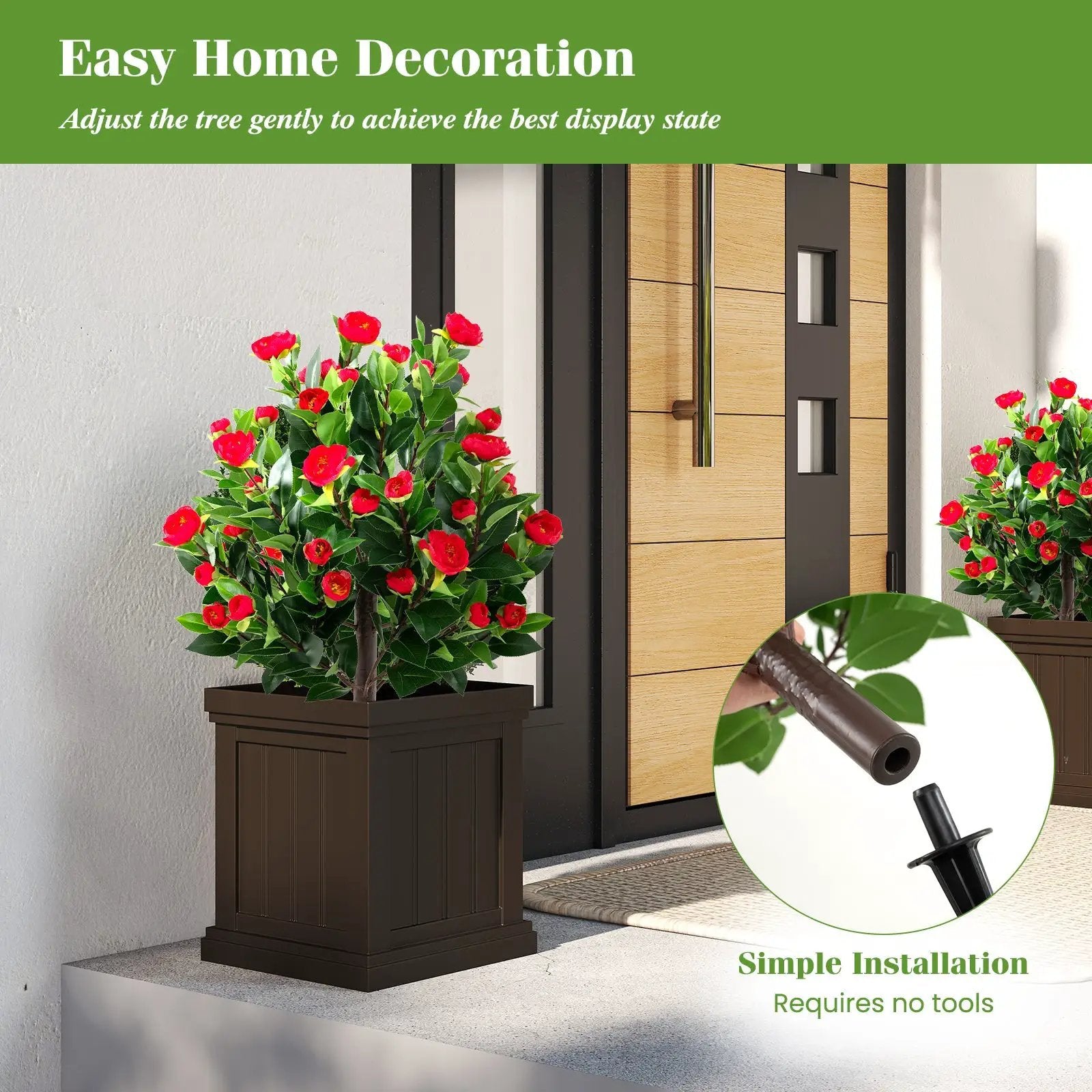 31 Inches Artificial Camellia Tree Set 2 Pack Fake Flower Trees-Green by DirectDeals