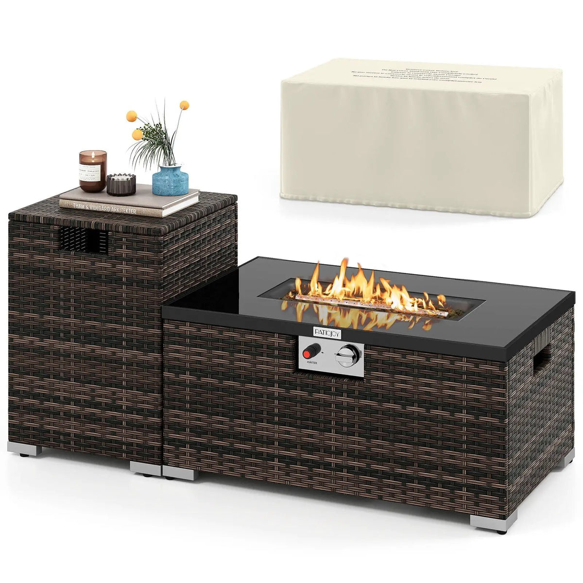 2-Piece Outdoor Rattan Fire Table Set 32 Inch Rectangle Gas Firepit with Tank Cover, photo 11 of 24