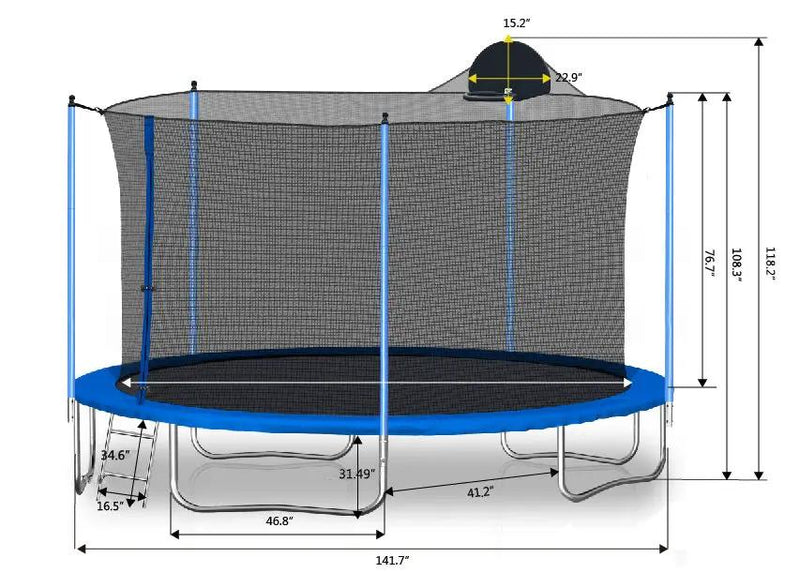 12Ft Trampoline For Adults & Kids With Basketball Hoop, Outdoor Trampolines With Ladder And Safety Enclosure Net For Kids And Adults - Blue by HouseOfZazla