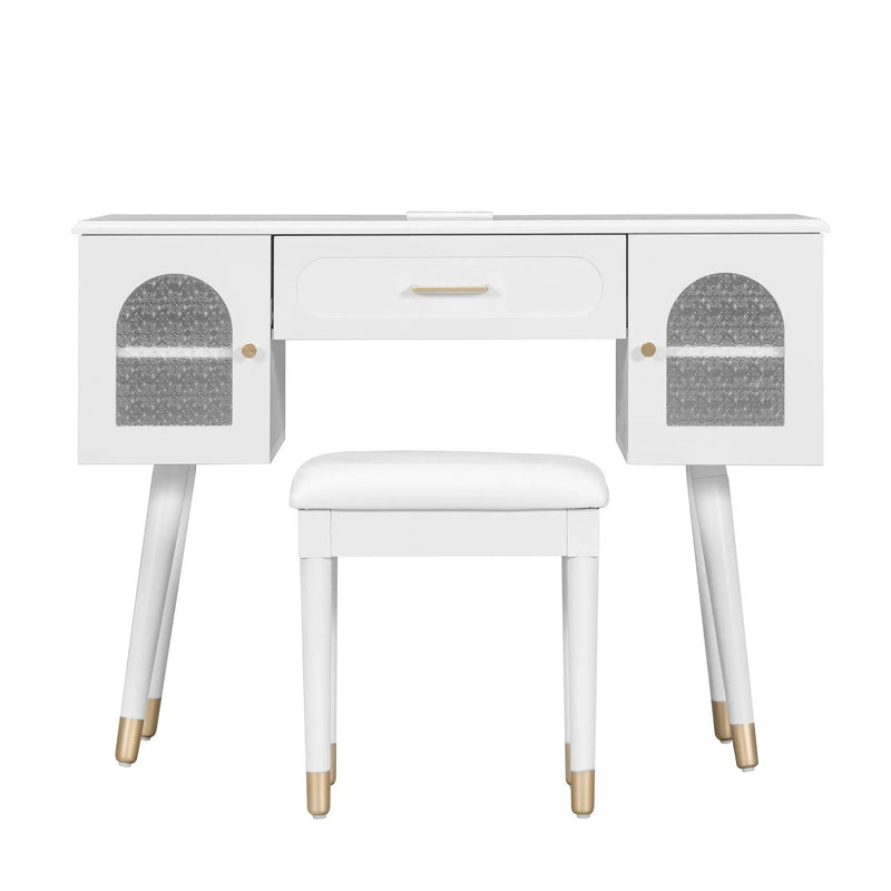 Elegant Vanity Makeup Table & Chair Set Modern Dressing Table With Organizer Writing Desk Charging Port Engineered Wood - White by Unique Piece Furniture