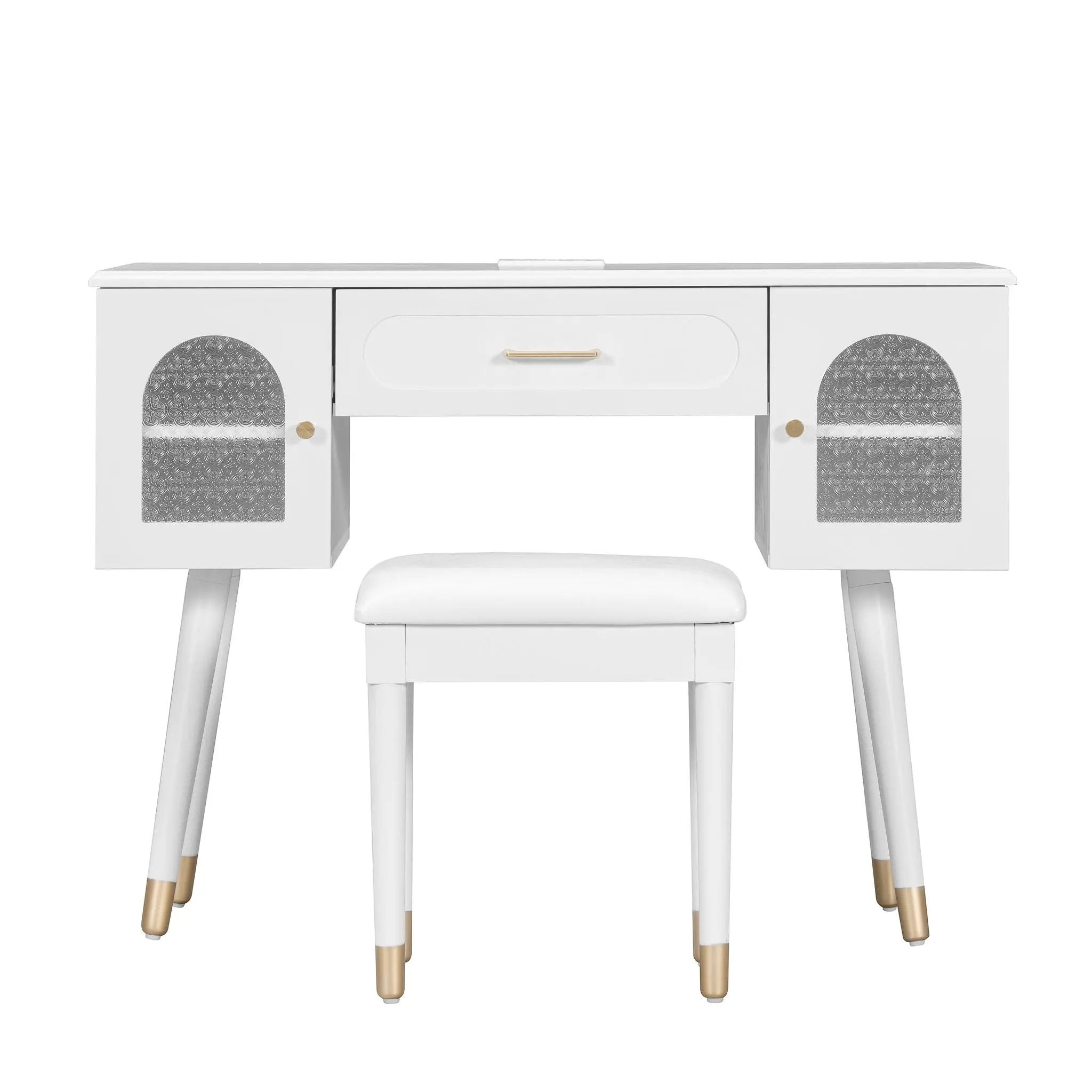 Elegant Vanity Makeup Table & Chair Set Modern Dressing Table With Organizer Writing Desk Charging Port Engineered Wood - White by HouseOfZazla