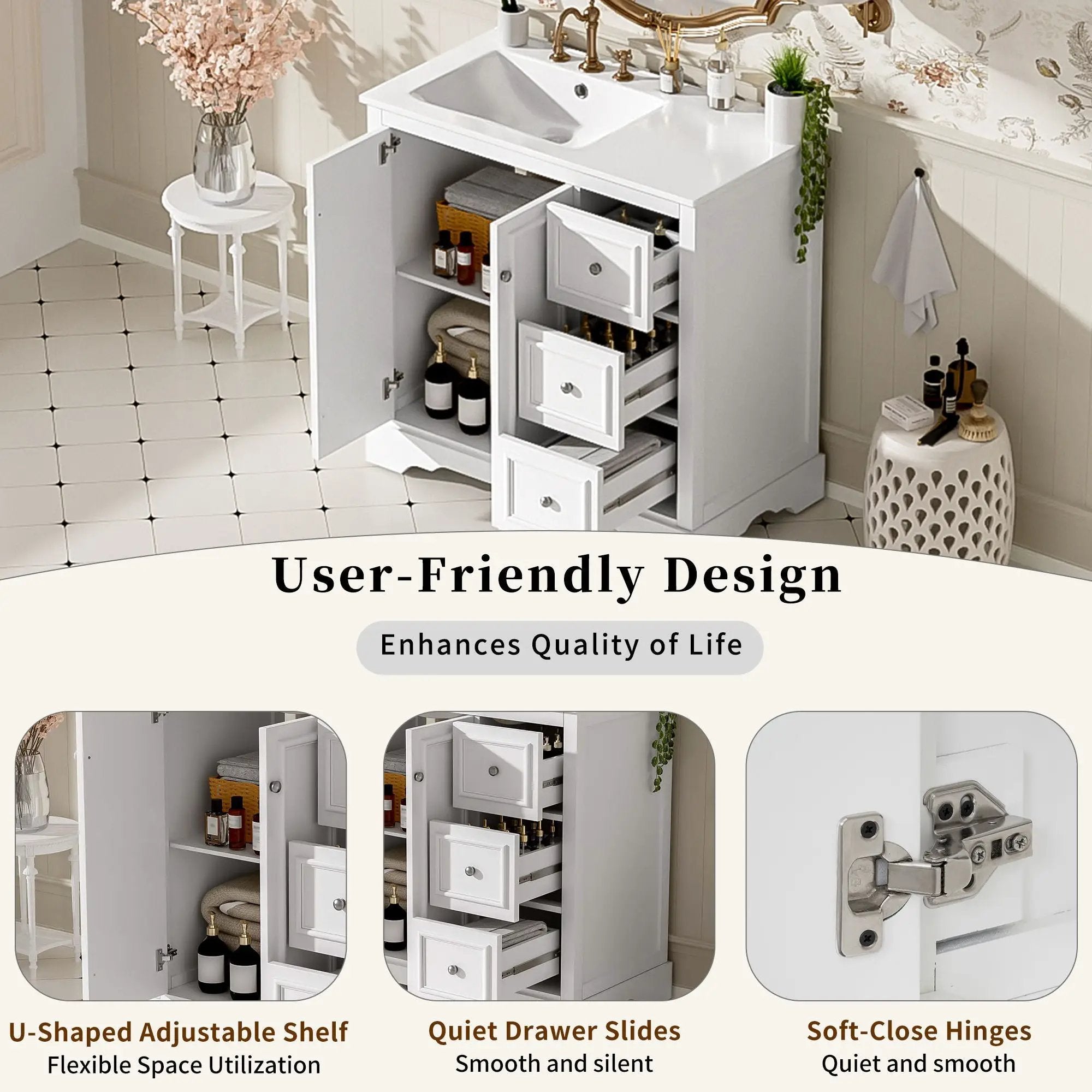 Bathroom Vanity With Sink, Soft-Close Doors, Adjustable U-Shelf, 3 Drawers by HouseOfZazla
