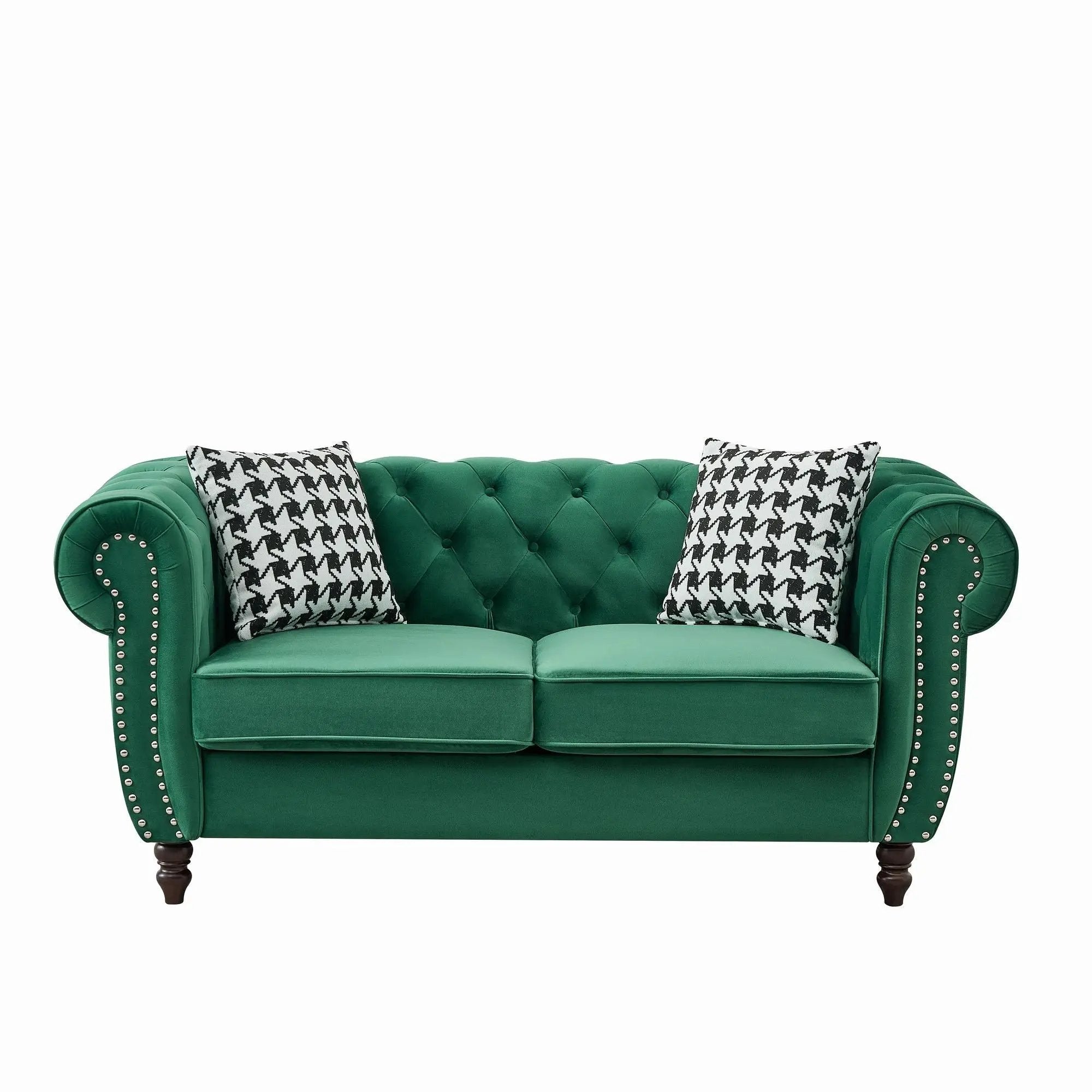 Chesterfield Fabric Sofa With Roll Armrest And Nailhead, Mid Century 2 Seater Couch by Unique Piece Furniture