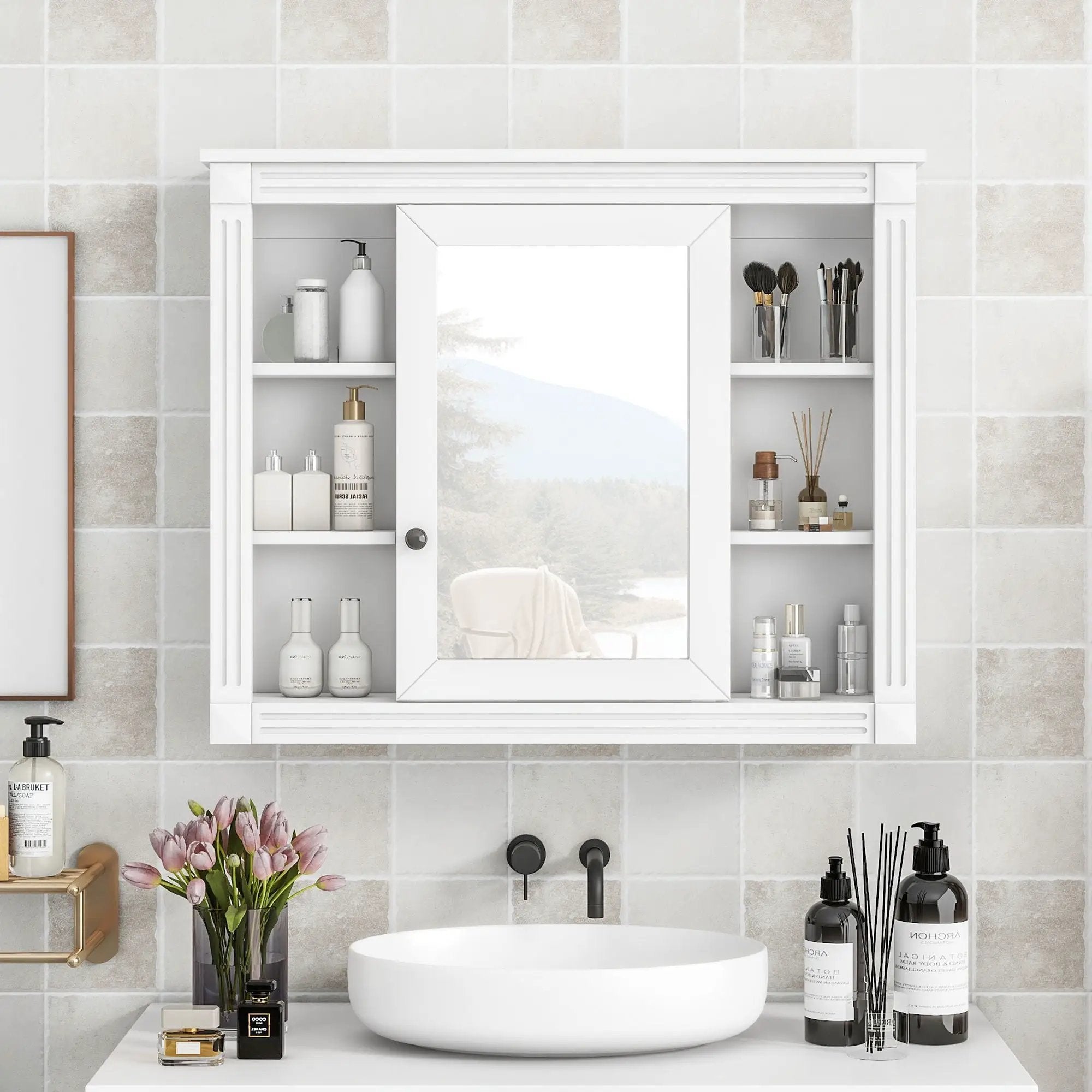 Wall Mounted Bathroom Storage Cabinet With Mirror, Cabinet With 6 Open Shelves And Adjustable Interior by Unique Piece Furniture