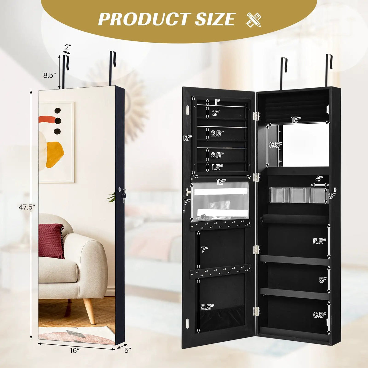 Lockable Storage Jewelry Cabinet with Frameless Mirror, photo 9 of 16