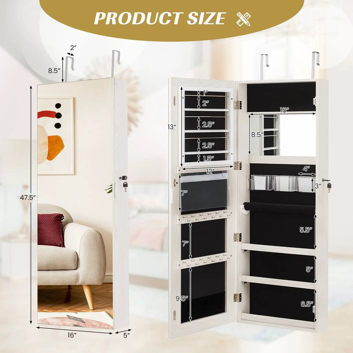 Lockable Storage Jewelry Cabinet with Frameless Mirror, photo 10 of 16