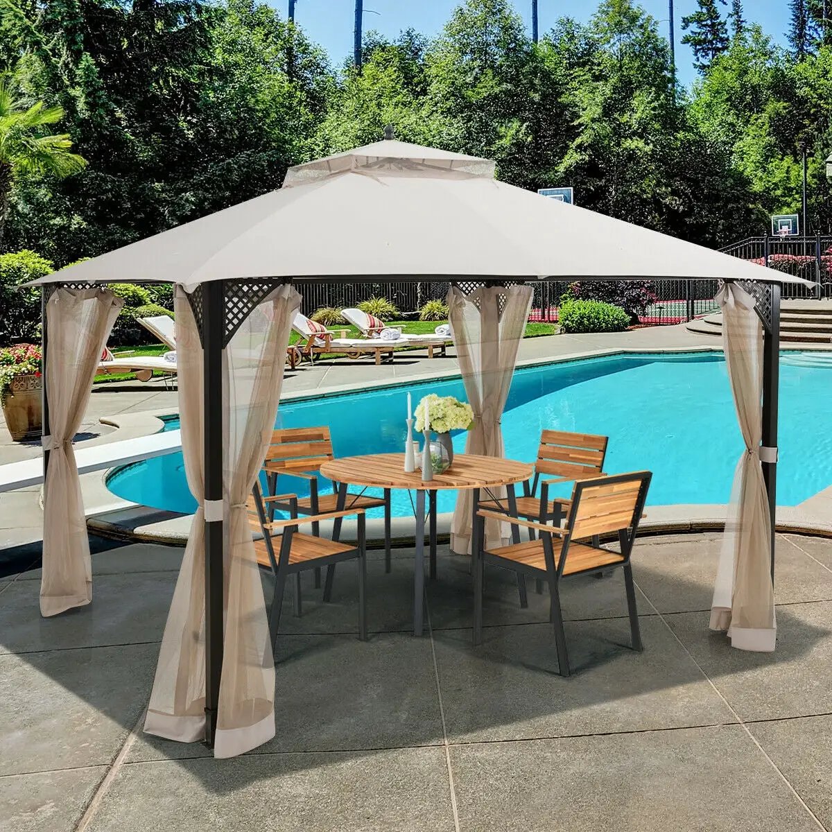 12 x 10 Feet Outdoor Double Top Patio Gazebo with Netting-Brown by DirectDeals