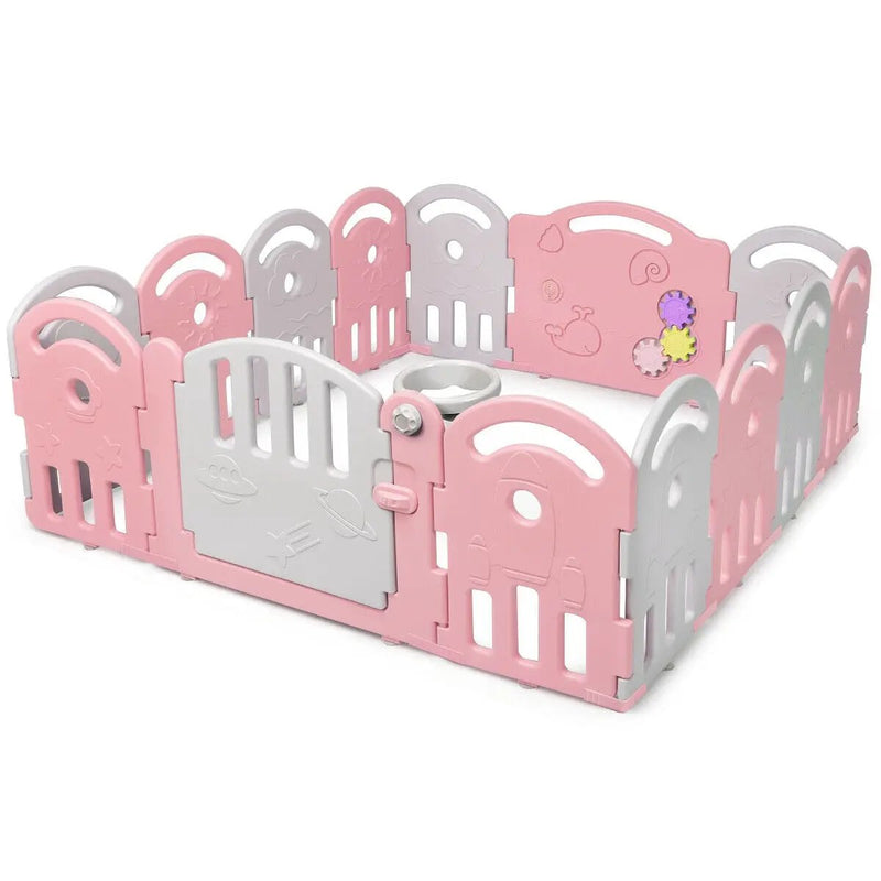 14-Panel Baby Playpen with Music Box & Basketball Hoop-Pink by DirectDeals