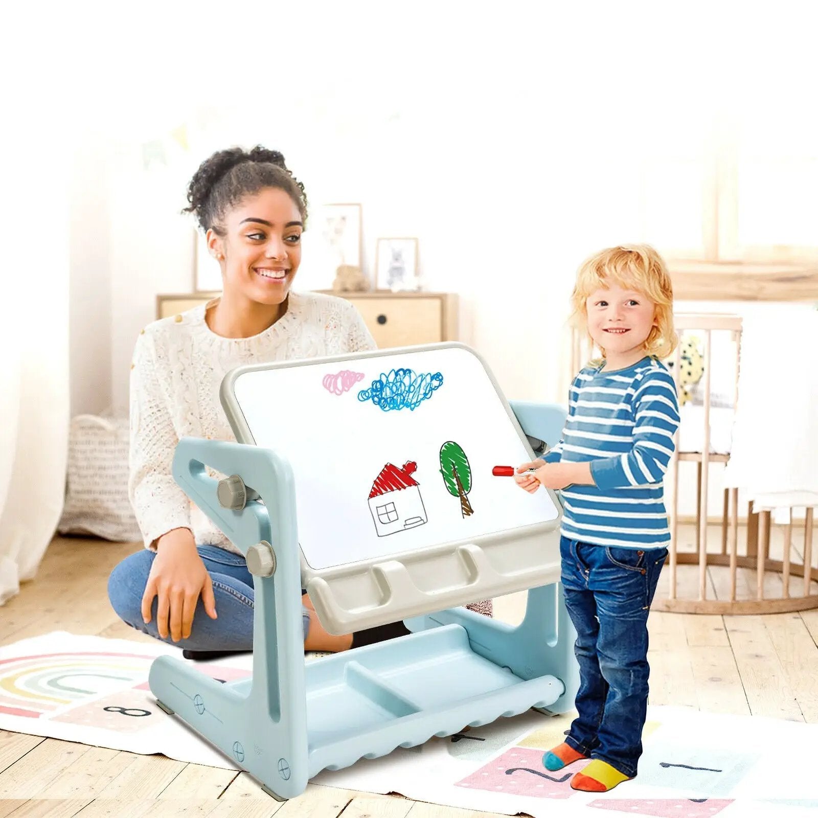 2 in 1 Kids Easel Table and Chair Set with Adjustable Art Painting Board by DirectDeals