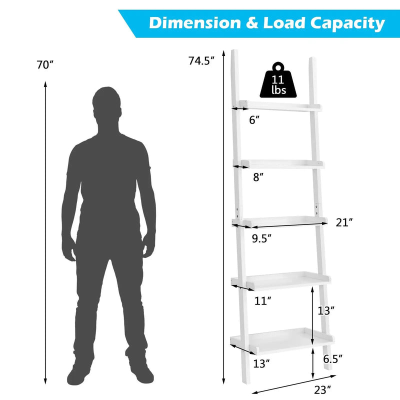 5-Tier Wall-leaning Ladder Shelf Display Rack for Plants and Books by DirectDeals
