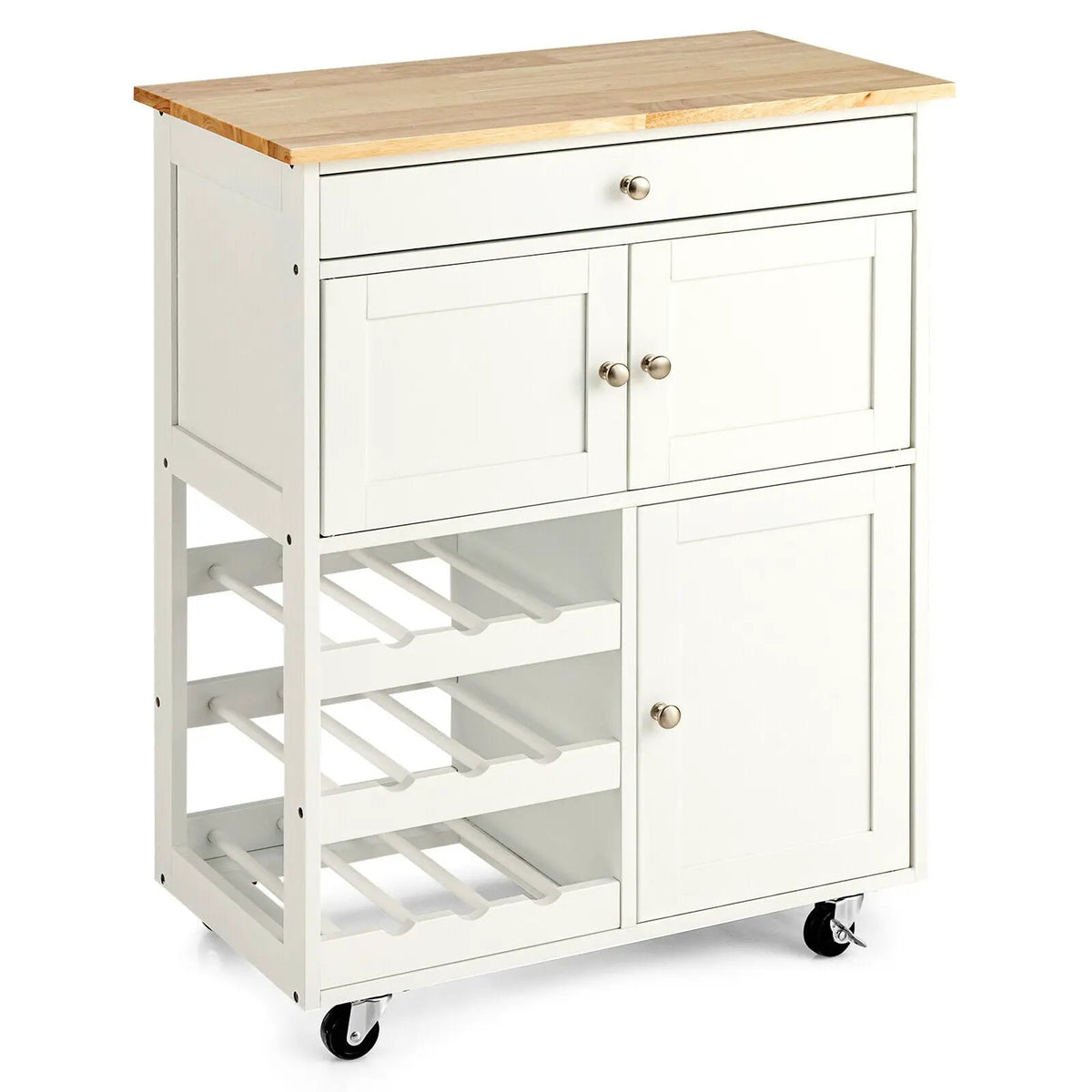Kitchen Cart with Rubber Wood Top 3 Tier Wine Racks 2 Cabinets, photo 6 of 16