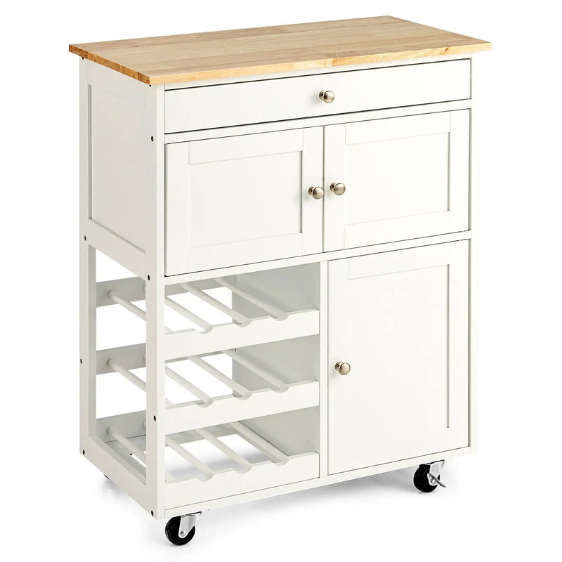 Kitchen Cart with Rubber Wood Top 3 Tier Wine Racks 2 Cabinets by DirectDeals