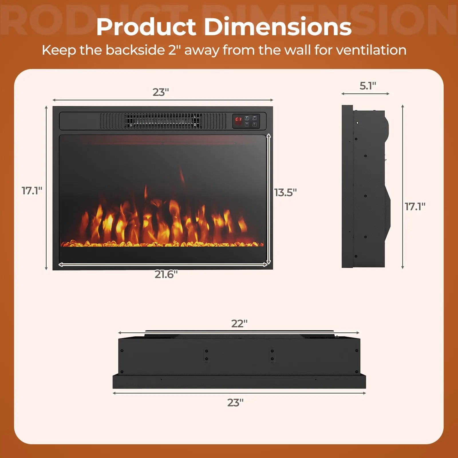 23 Inches 750W/1500W Electric Fireplace Heater with Alter Flame Color and Brightness by DirectDeals