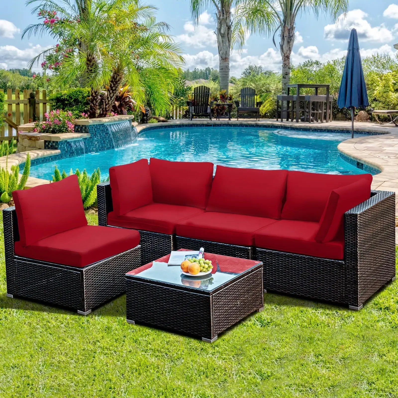 5 Pieces Cushioned Patio Rattan Furniture Set with Glass Table by DirectDeals