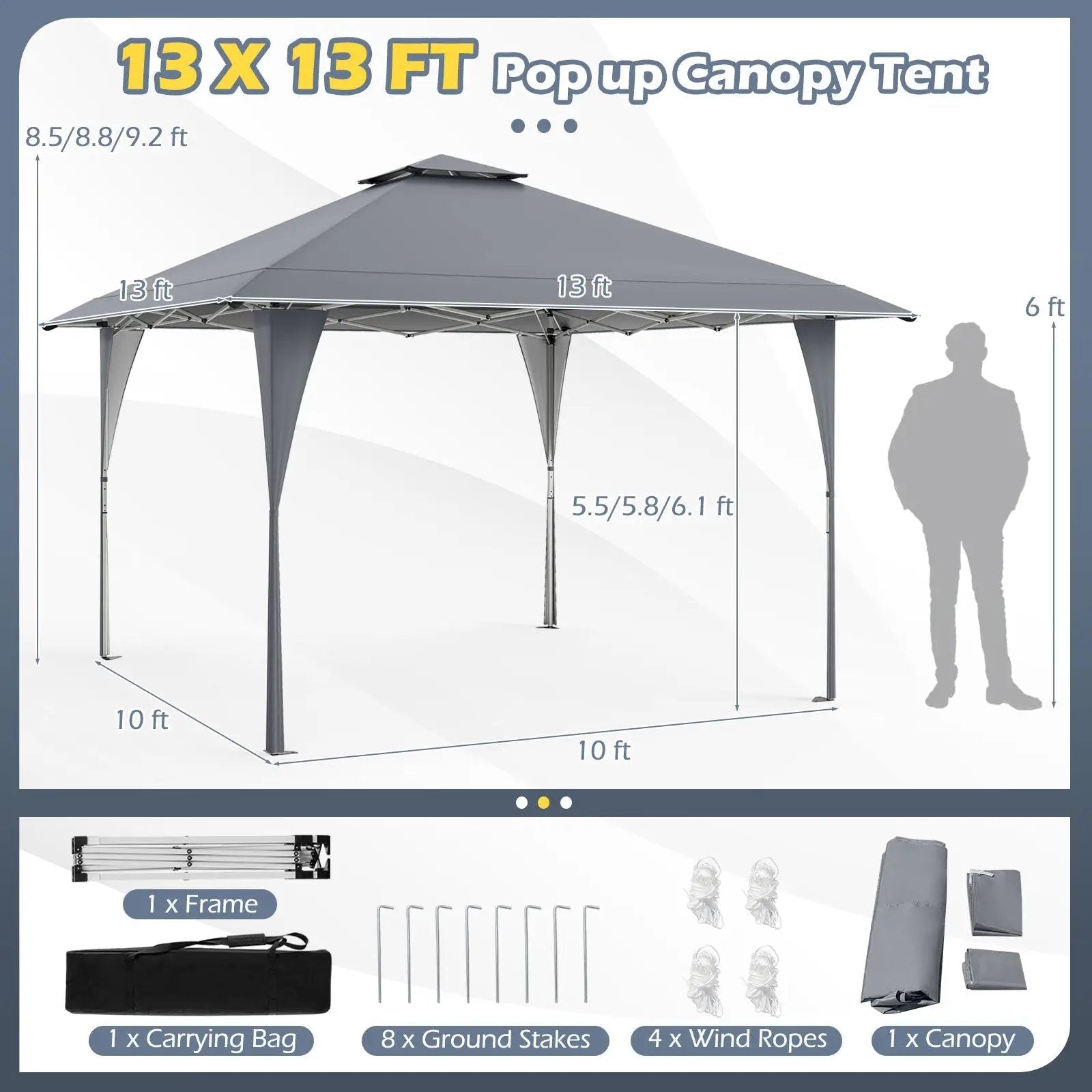 13 X 13 FT Pop up Gazebo with Portable Carrying Bag 8 Stakes and 4 Wind Ropes by DirectDeals