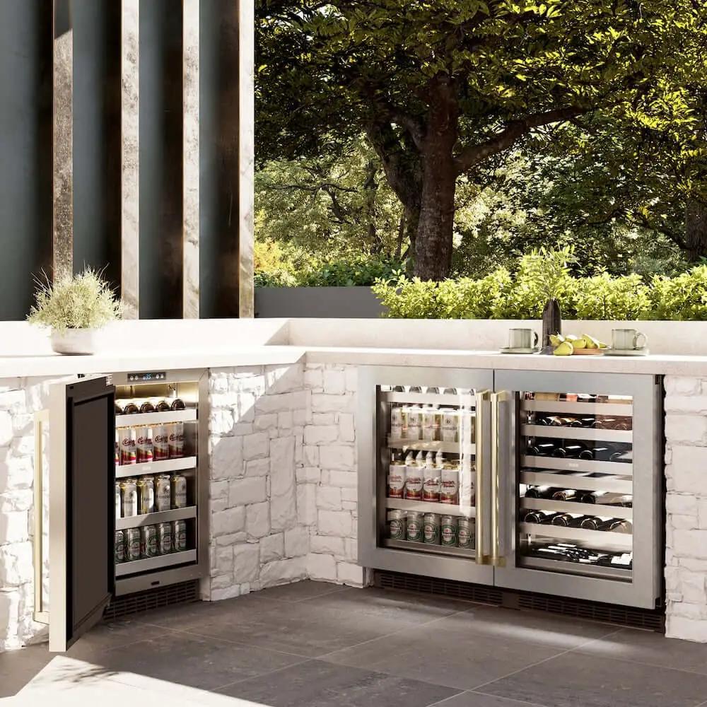 ZLINE 24" Touchstone Dual Zone 44 Bottle Wine Cooler DuraSnow® Stainless Steel Glass Door Polished Gold Handle RWDOZ-SN-24-G by Farmhouse Kitchen and Bath