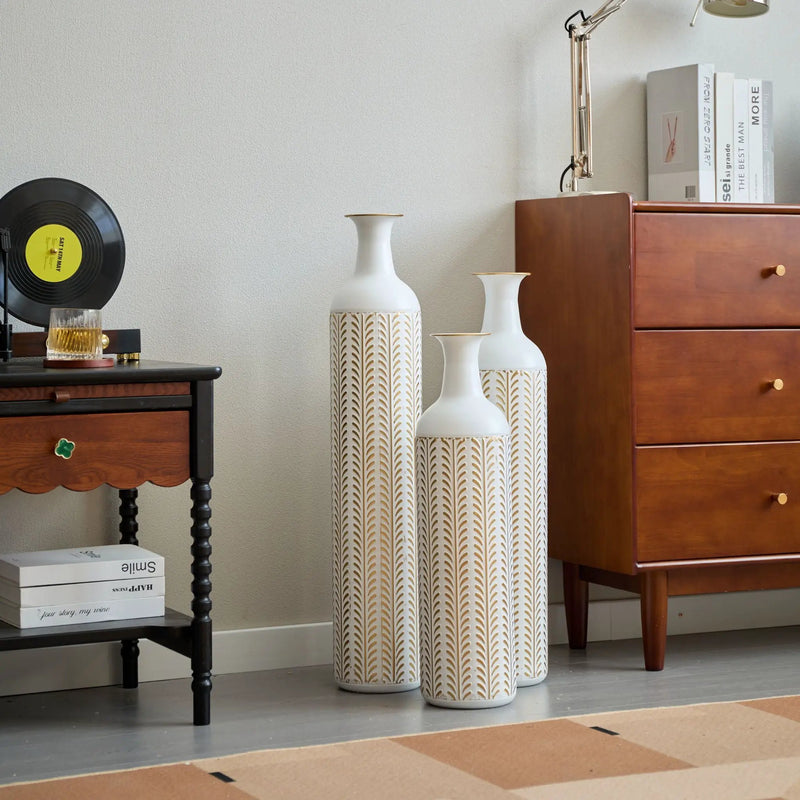 Floor Metal Vase Modern Style Decoration Home Metal Vase 3 Piece Set Gorgeous Home Decoration Large Glazed Metal Vase - Gold / White by HouseOfZazla