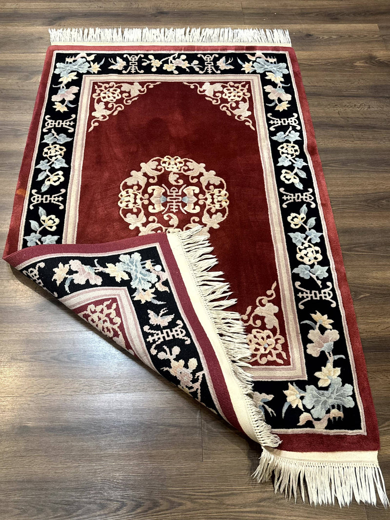 Chinese Wool Rug 4x6, Maroon and Black, Butterflies, Chinese Oriental Carpet, 90 Line Rug by Jewel Rugs