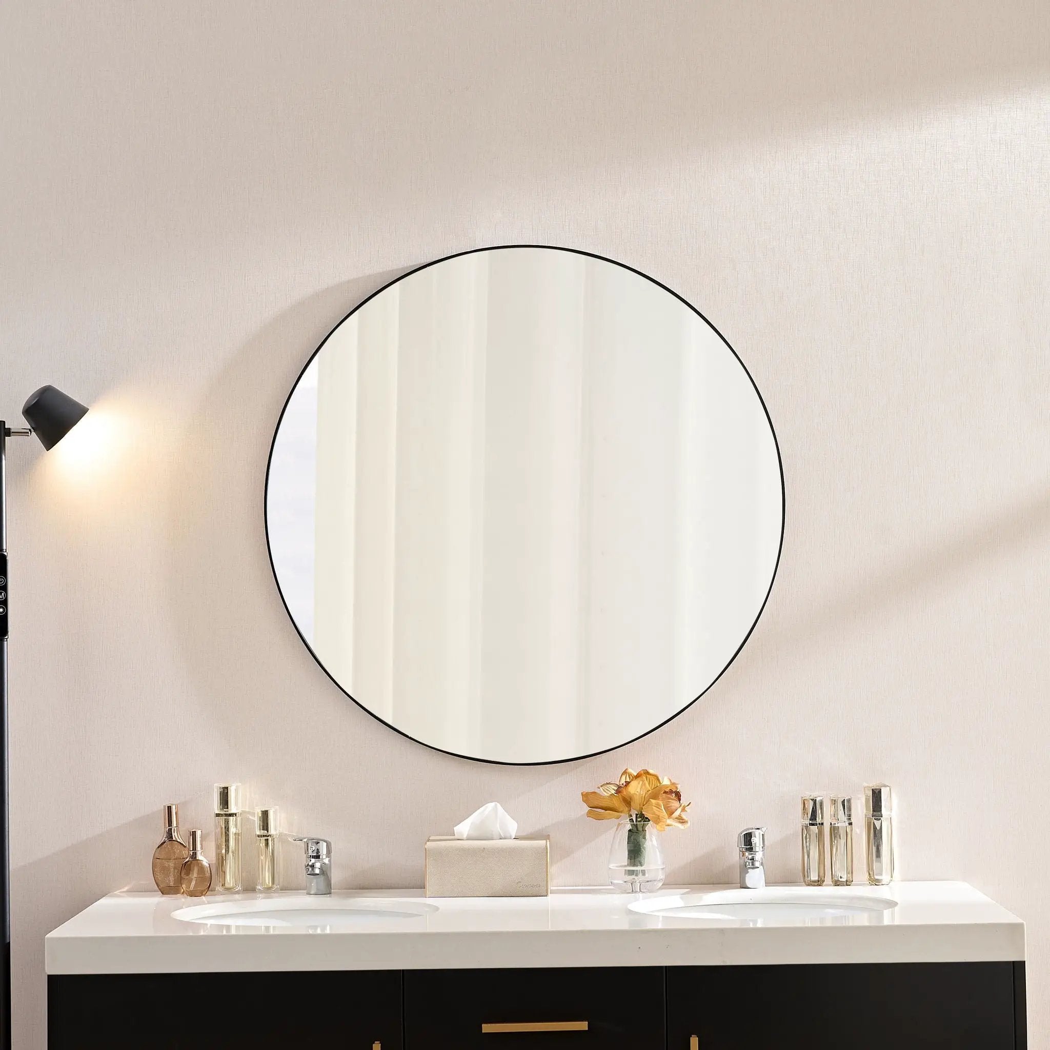 Wall Circular Framed Vanity Mirror For Bathroom, Living Room Decor - Black by Unique Piece Furniture