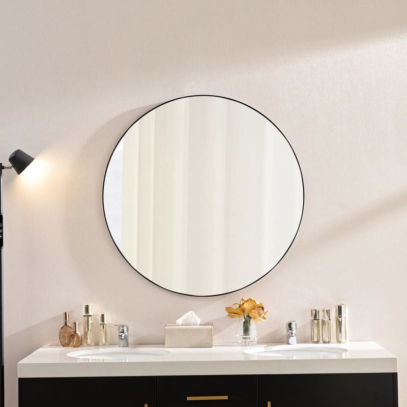 Wall Circular Framed Vanity Mirror For Bathroom, Living Room Decor - Black by Unique Piece Furniture