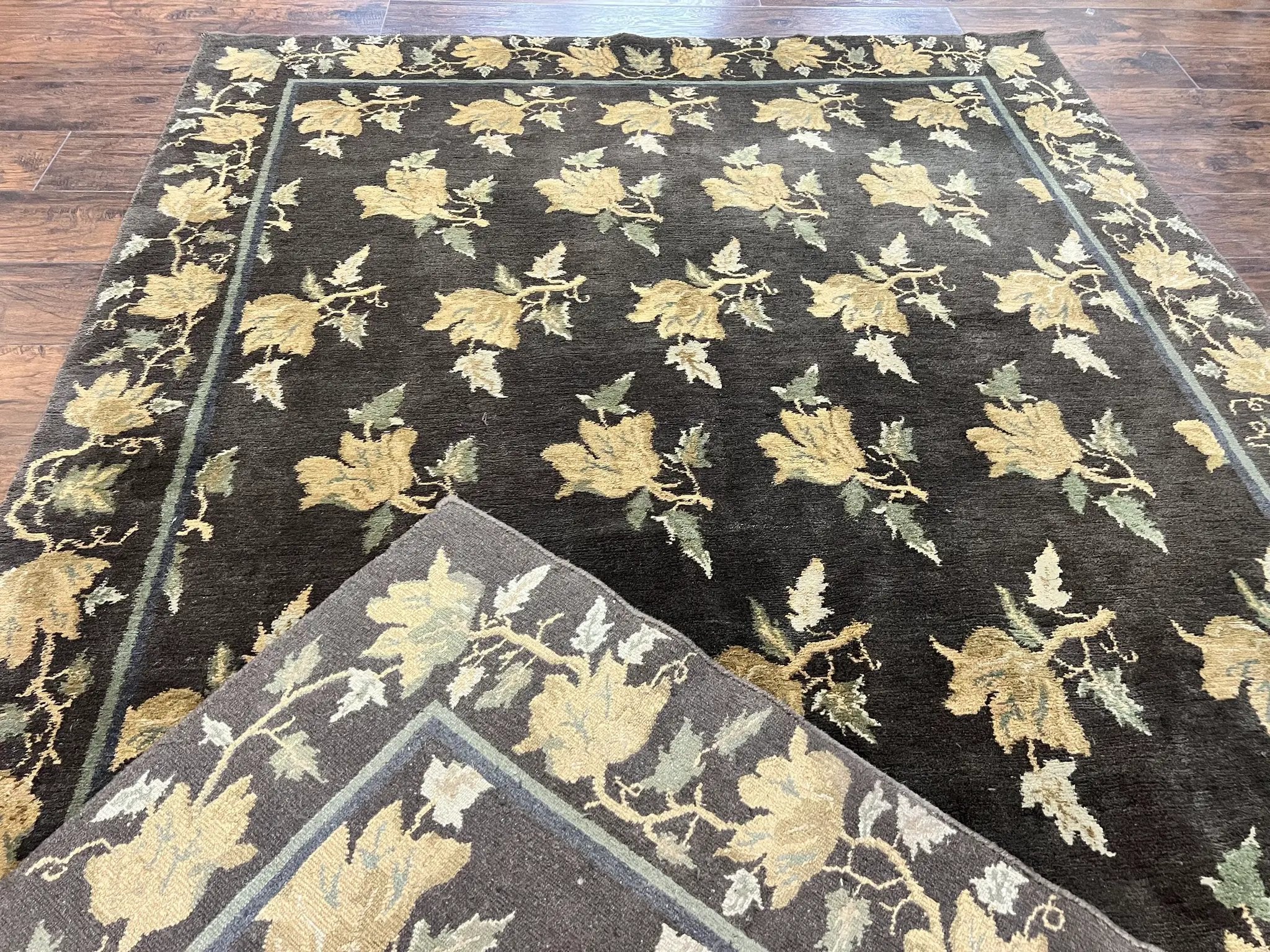 Tibetan Nepal Rug 6x9, Wool Hand Knotted Vintage Carpet 6 x 9, Dark Green & Golden Yellow, Floral Bouquets by Jewel Rugs