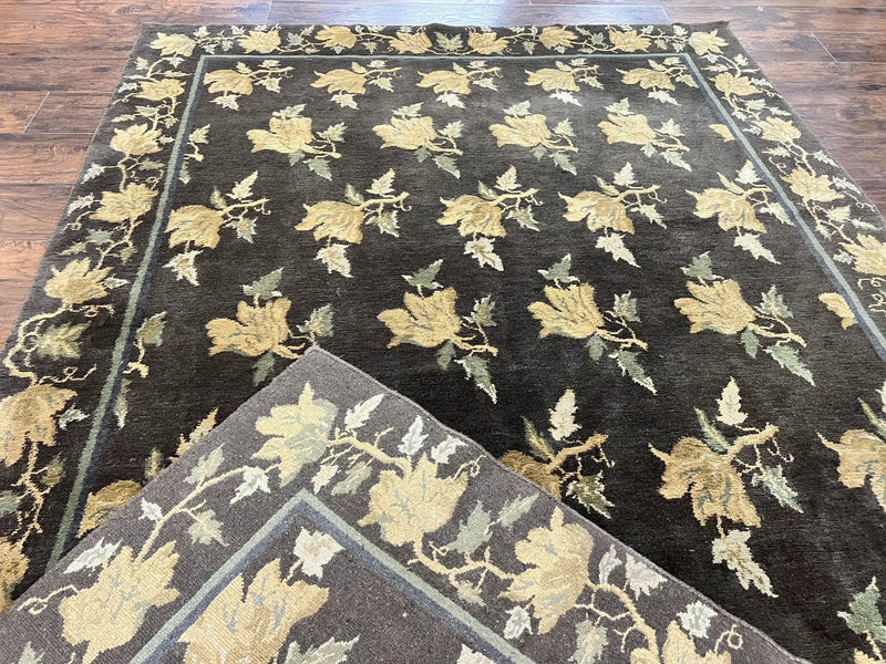 Tibetan Nepal Rug 6x9, Wool Hand Knotted Vintage Carpet 6 x 9, Dark Green & Golden Yellow, Floral Bouquets by Jewel Rugs