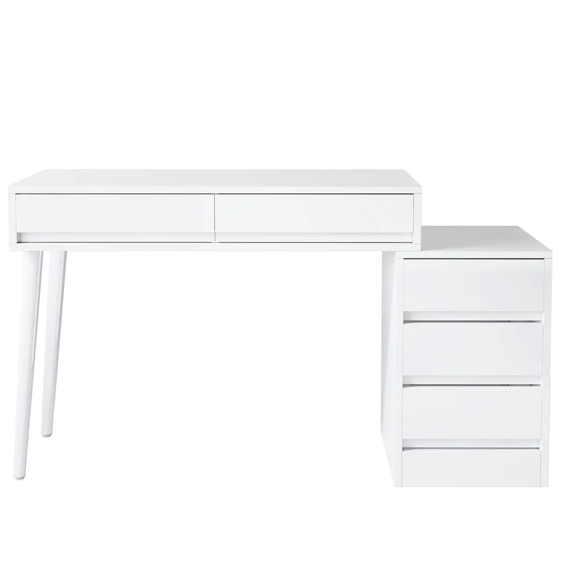 Glossy Desk With 5 Drawers & Printer Stand, Reversible Home Office Computer And Vanity Table For Small Spaces - White by HouseOfZazla