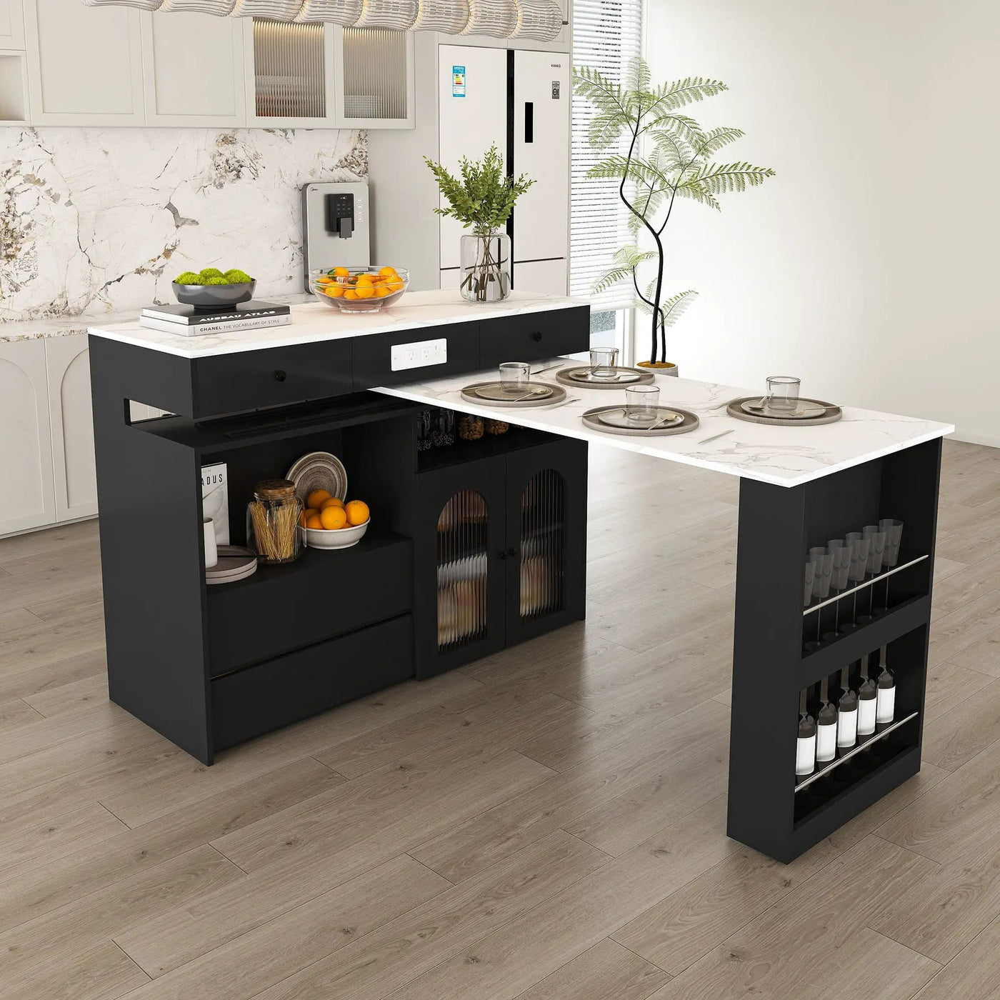 Retro Kitchen Island Set With Chairs, Extendable & Rotating Table, 4 Drawers & Door Cabinets by Unique Piece Furniture