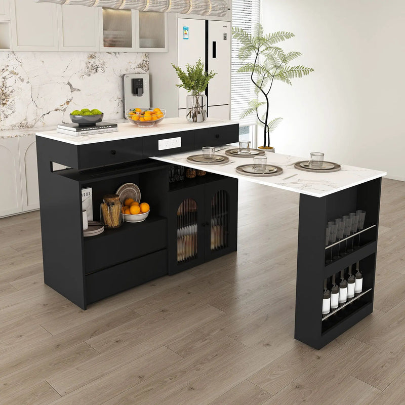 Retro Kitchen Island Set With Chairs, Extendable & Rotating Table, 4 Drawers & Door Cabinets by Unique Piece Furniture