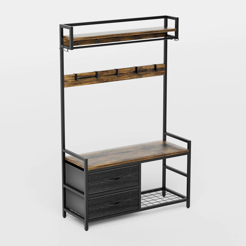 Hall Tree With 2 Movable Drawers, Shoe Storage, Shelves, Garment Racks, And 23 Hooks For Entryway - Rustic Brown by HouseOfZazla