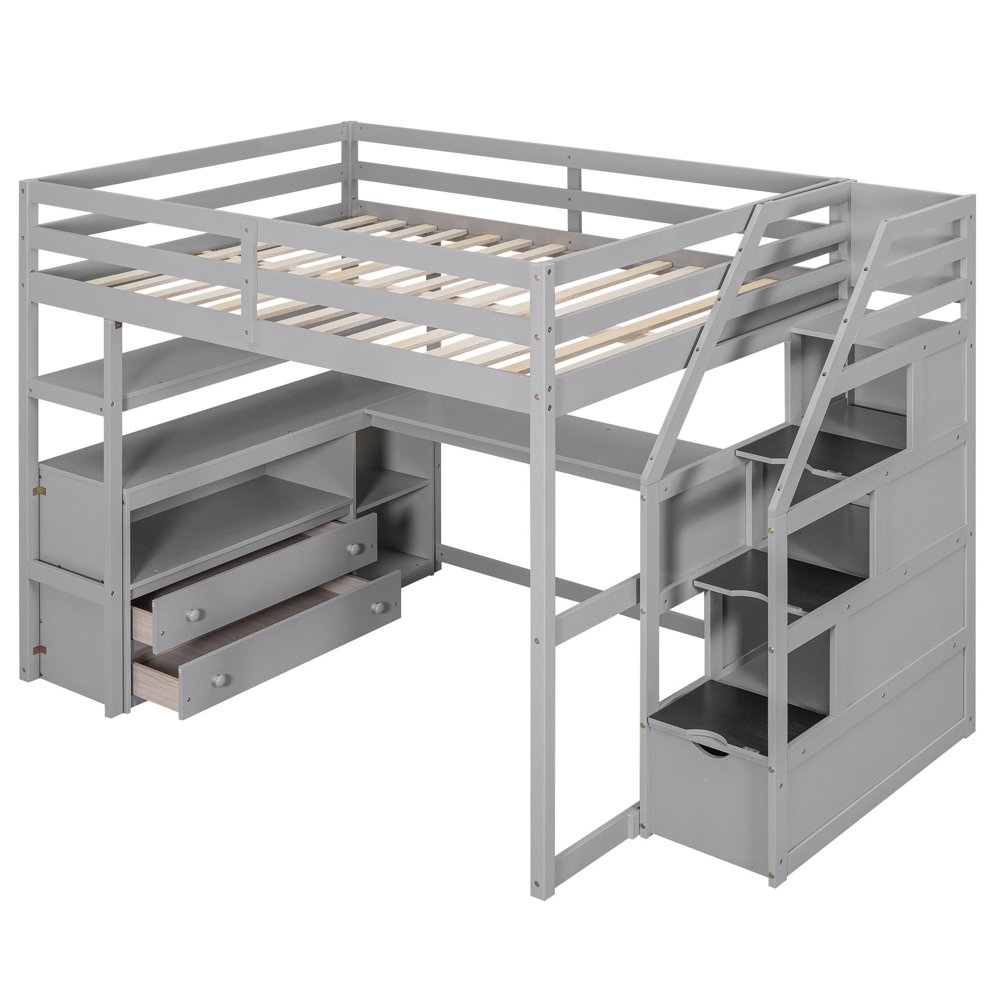 Loft Bed With Desk, Shelves, 2 Drawers, Storage Staircase by HouseOfZazla