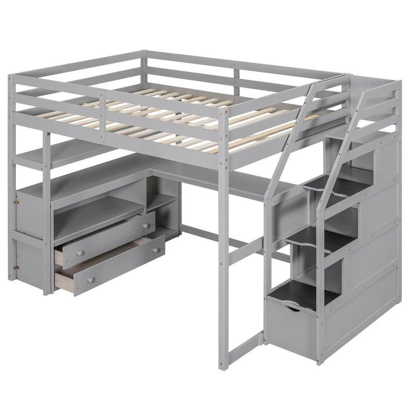 Loft Bed With Desk, Shelves, 2 Drawers, Storage Staircase by HouseOfZazla