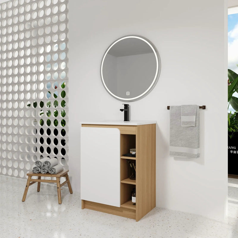 Freestanding Bathroom Vanity With Thin Rim Sink, Single Door With 4 Tier Open Shelves - Light Oak / White by HouseOfZazla