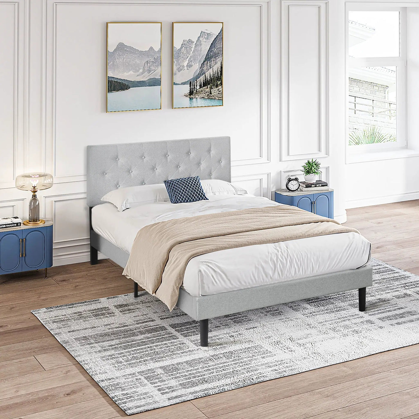 Modern Upholstered Platform Bed Frame With Button Tufted Fabric Headboard by Unique Piece Furniture