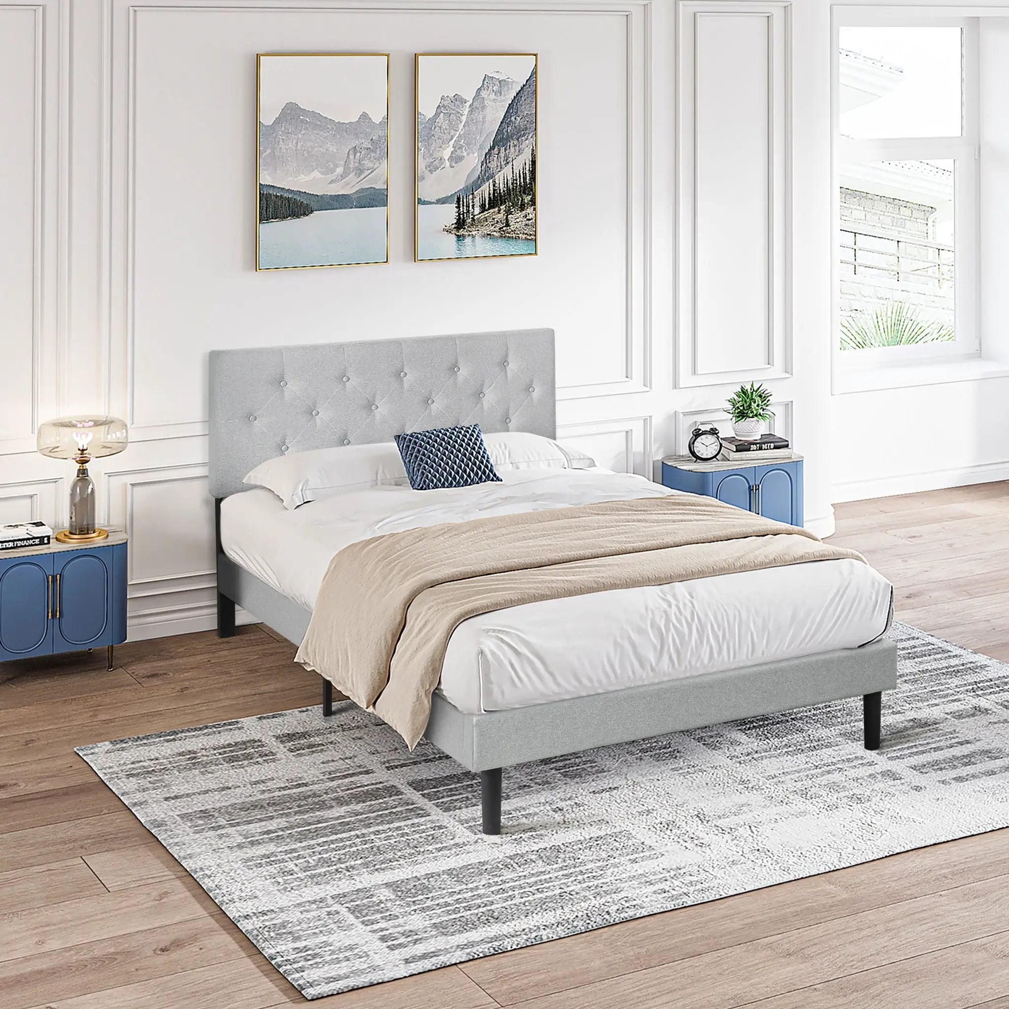 Modern Upholstered Platform Bed Frame With Button Tufted Fabric Headboard by Unique Piece Furniture