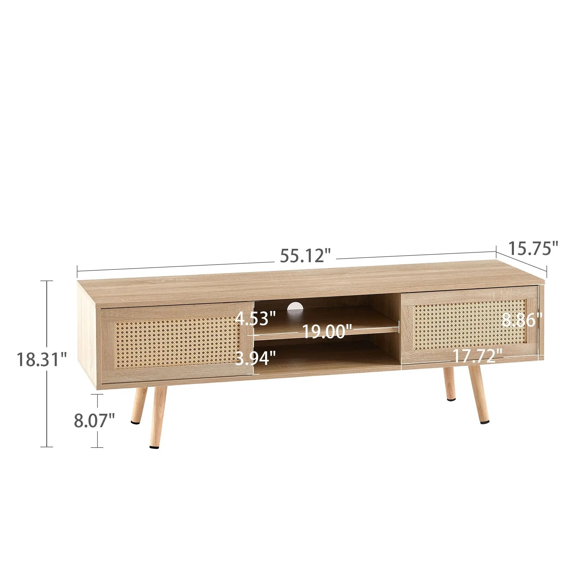 55.12" Rattan TV Cabinet, Double Sliding Doors For Storage, Adjustable Shelf, Solid Wood Legs, TV Console For Living Room by Unique Piece Furniture