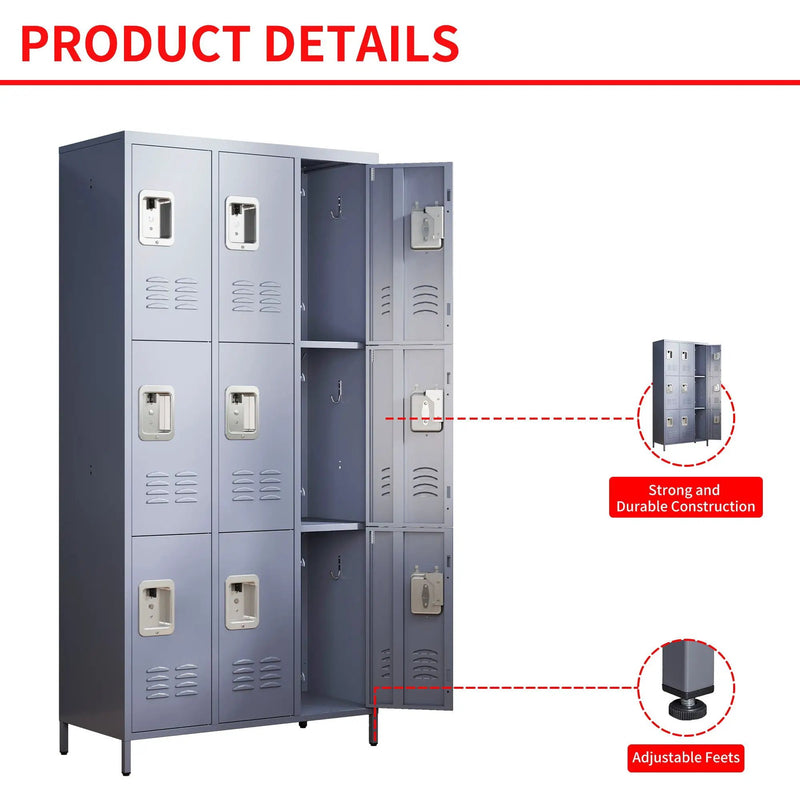 9 Door Lockers With Lock For Storage In Office, School, Gym, And Bedroom - Gray by HouseOfZazla
