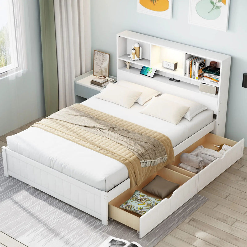 Platform Bed With Bookcase Headboard, Built-In Downlight, Charging Station, And 2 Side Drawers by Unique Piece Furniture