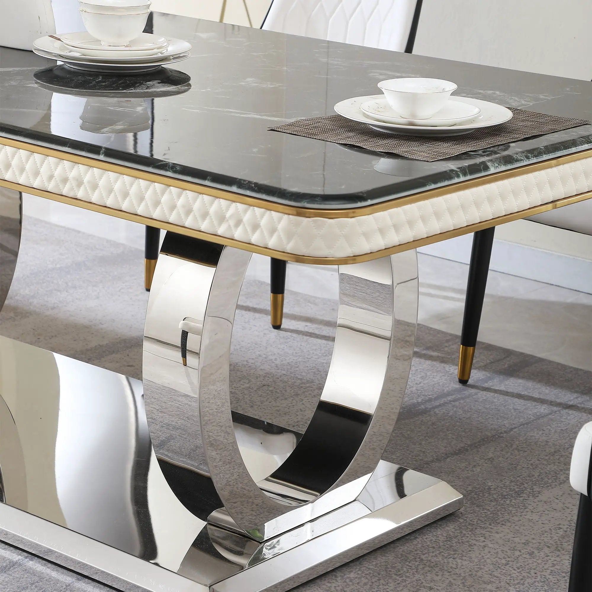 Luxury Modern Dining Table With 6 Chairs Marble Top Titanium Plated Base - Black by Unique Piece Furniture