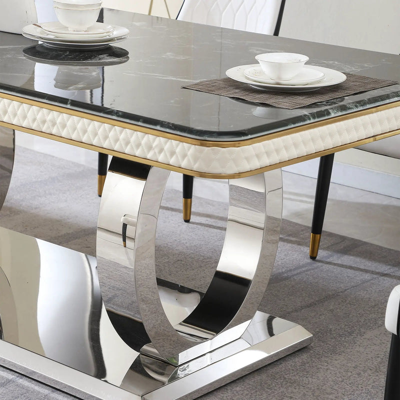 Luxury Modern Dining Table With 6 Chairs Marble Top Titanium Plated Base - Black by Unique Piece Furniture