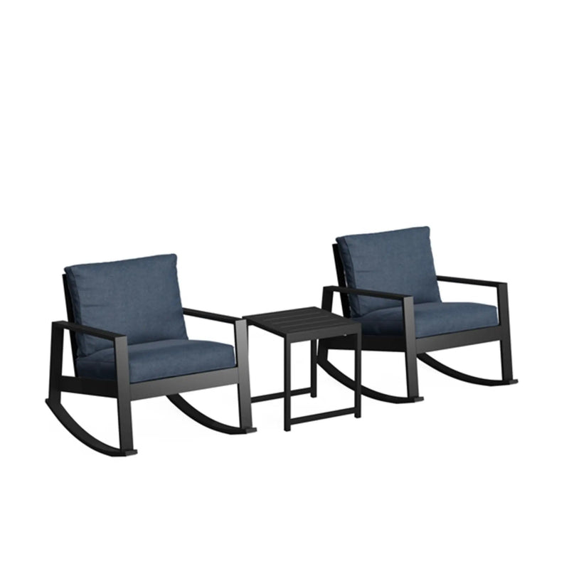 Outdoor Rocking Bistro Set Of 3, Oversized Rocking Chairs With Cushions And Side Table - Black / Blue by HouseOfZazla